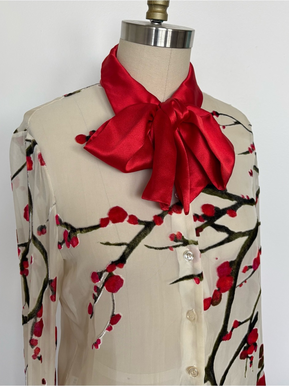 Vintage Ungaro Couture Silk Cream Floral Tie-Neck Blouse w/ Red Accents - Picture 3 of 15